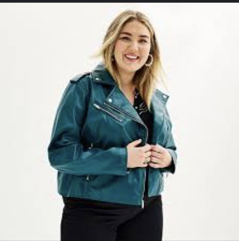 Nine West Faux Leather Womens Moto Jacket Teal-XXL NWOT